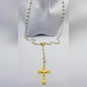 Lavish holy rosary delicate necklace baptism gold tone and white religious jewel